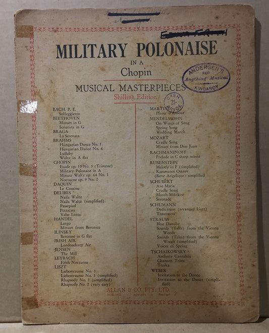 MUSIC SHEET - MILITARY POLONAISE in A - CHOPIN - incl WALTZING MATILDA