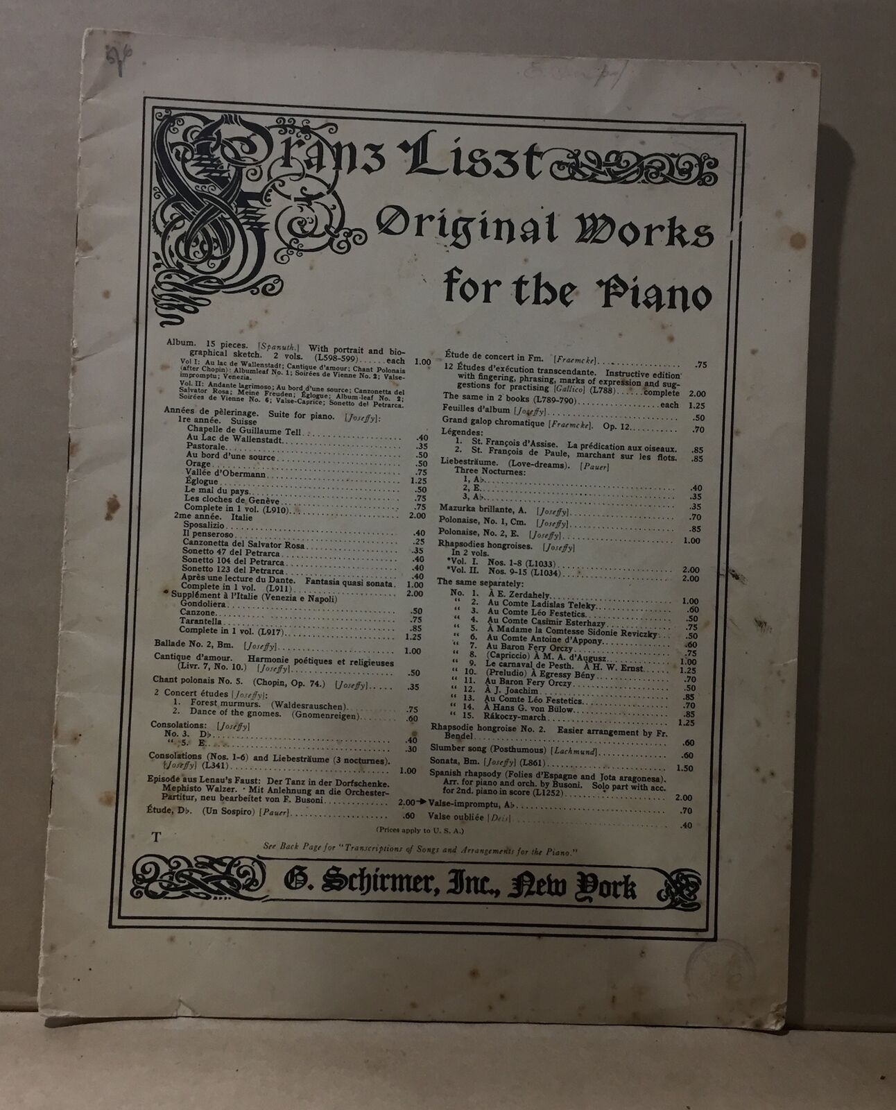 MUSIC SHEET - FRANZ LISTZ - ORIGINAL WORKS FOR THE PIANO