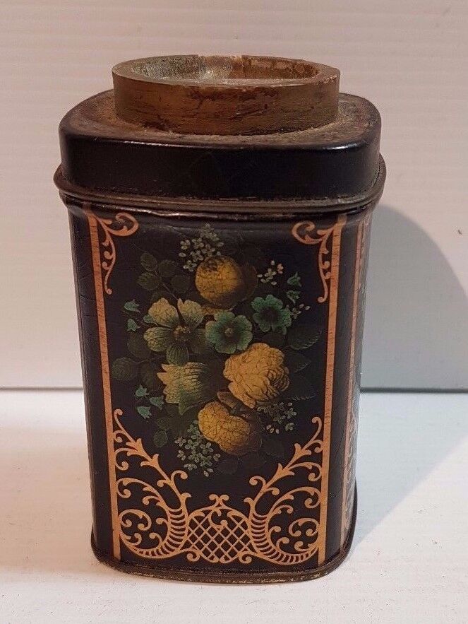 Biscuit Tea Sweets Cigar Tin talk powder no lid Flowers gold foil cracked paint