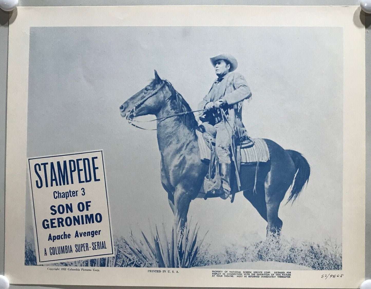 ORIGINAL SERIAL LOBBY CARD - SON OF GERONIMO (c) - 1952 - Ch 3 "Stampede" -  ...