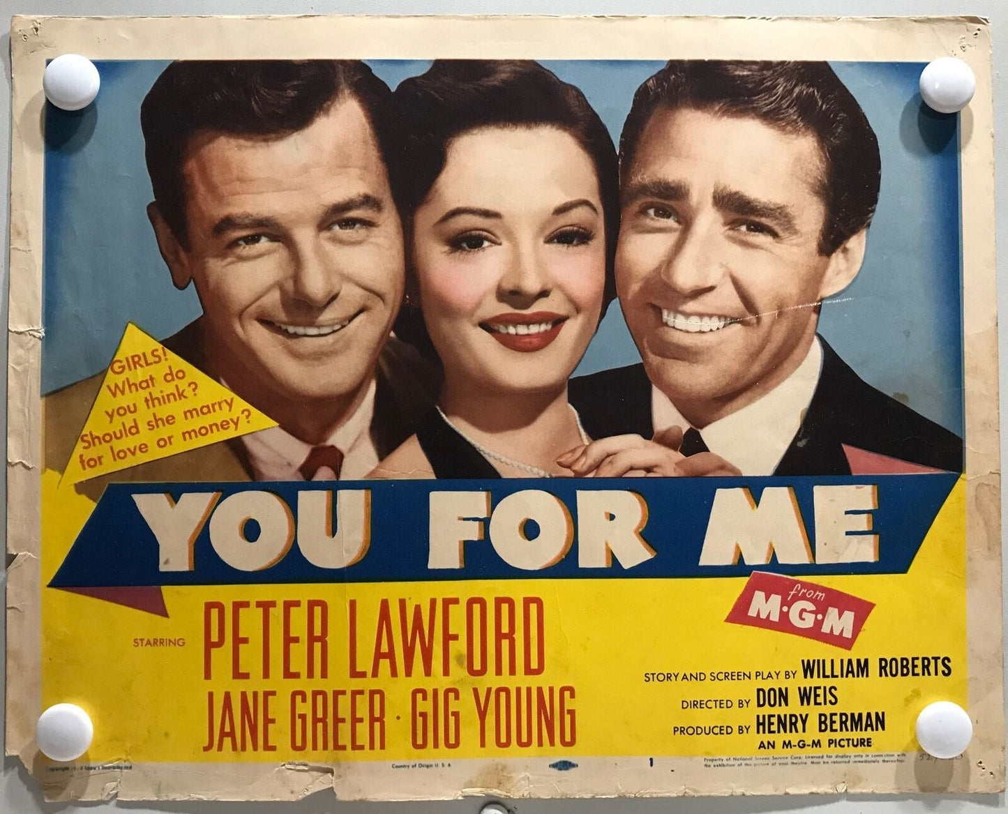 ORIGINAL LOBBY CARDS - YOU FOR ME - 1952 - set of 8