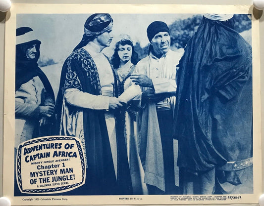 ORIGINAL SERIAL LOBBY CARD - ADVENTURES OF CAPTAIN AFRICA Mighty Jungle Avenger (c) -1955 - Ch 1 "Mystery Man of the Jungle" -  John Hart, Rick Vallin, Ben Welden, June Howard