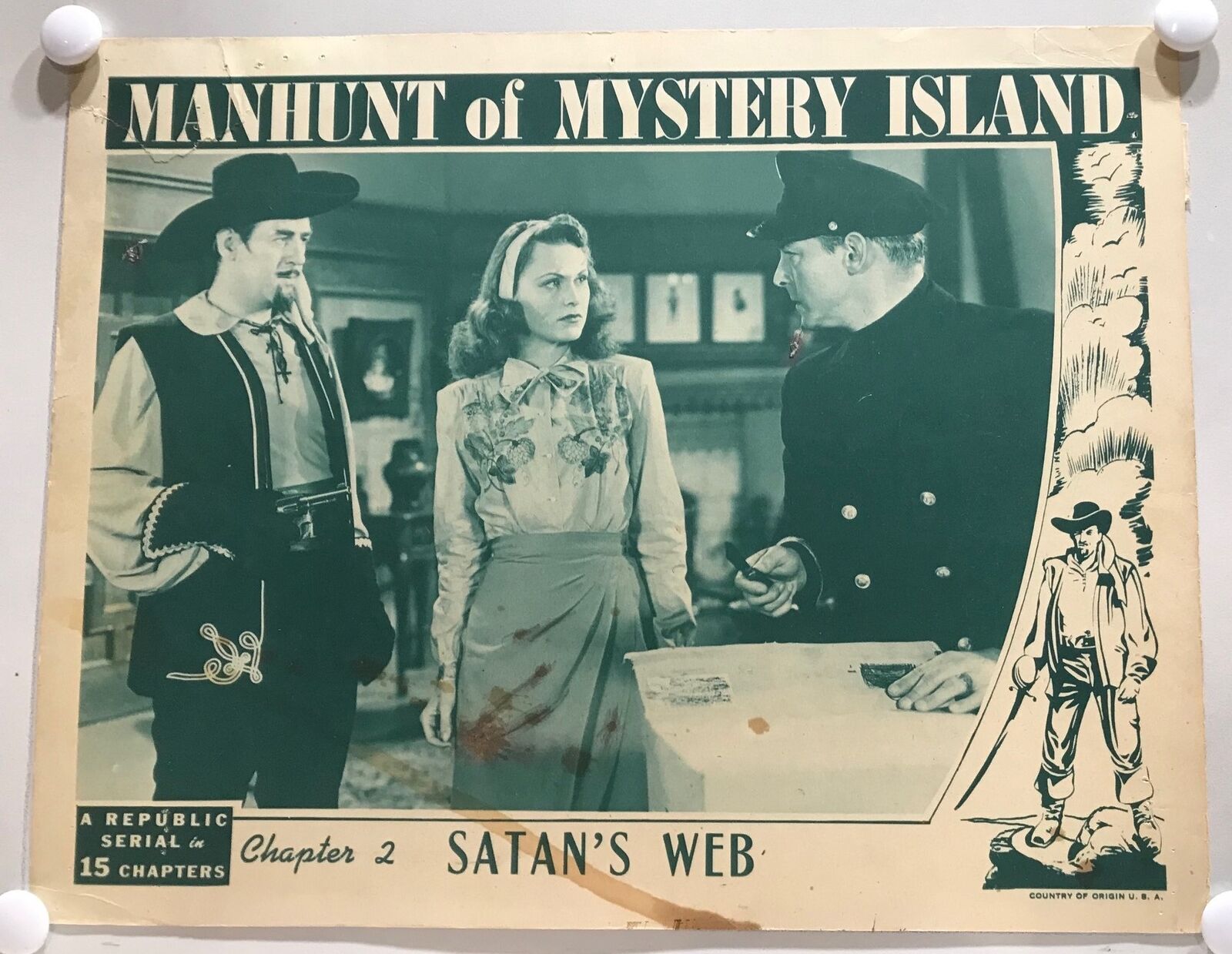 Original Serial Lobby Card Manhunt Of Mystery Island 1945 Ch 2