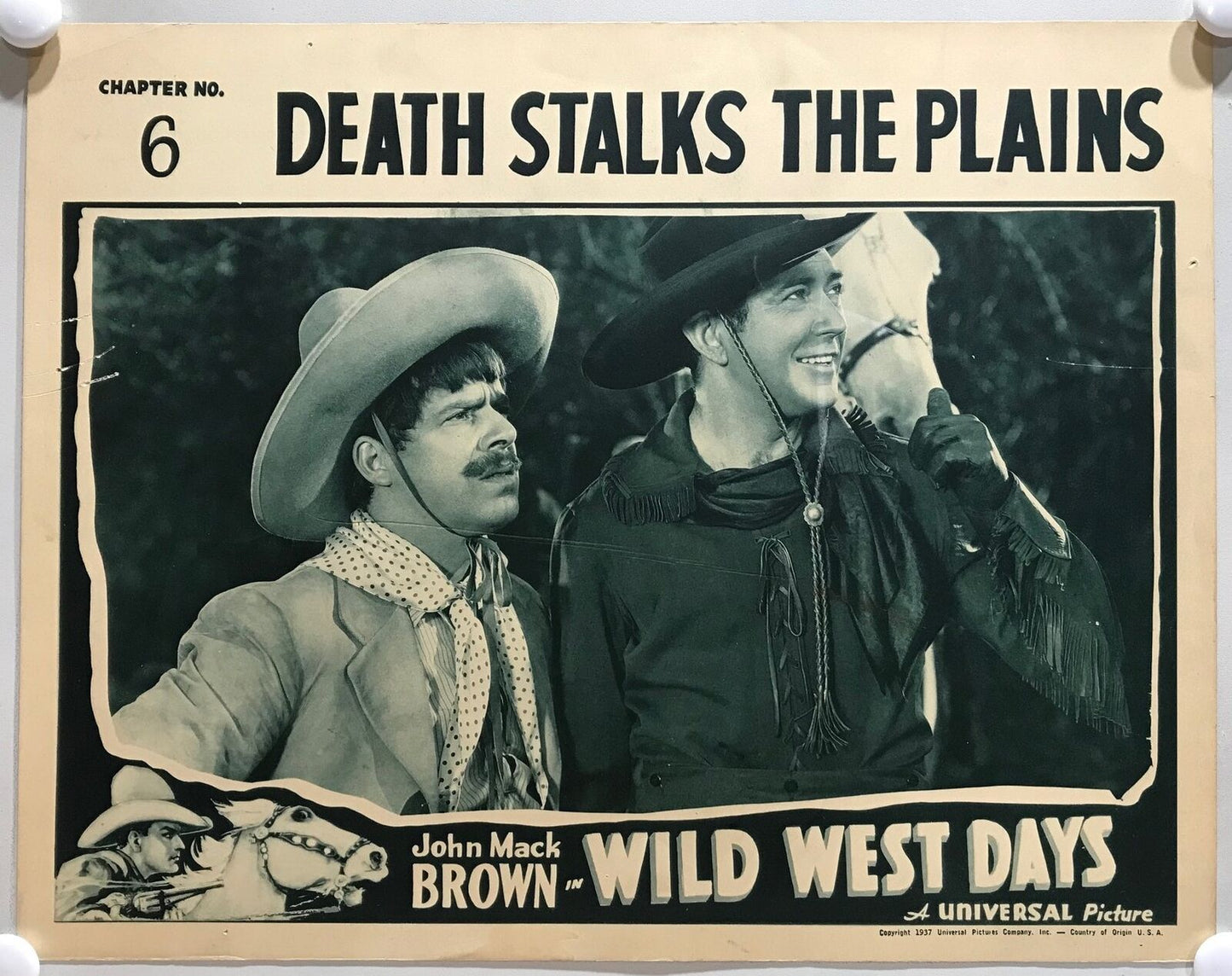 ORIGINAL SERIAL LOBBY CARD - WILD WEST DAYS (a) - 1937 - Ch 6 "Death Stalks the Plains"