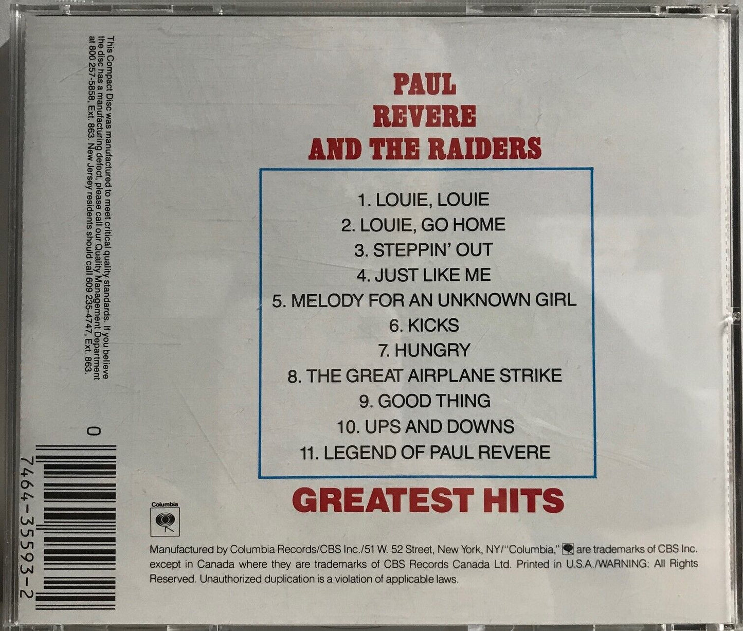 MUSIC CD IN CASE (COVER SIGNED) - PAUL REVERE & THE RAIDERS - GREATEST HITS