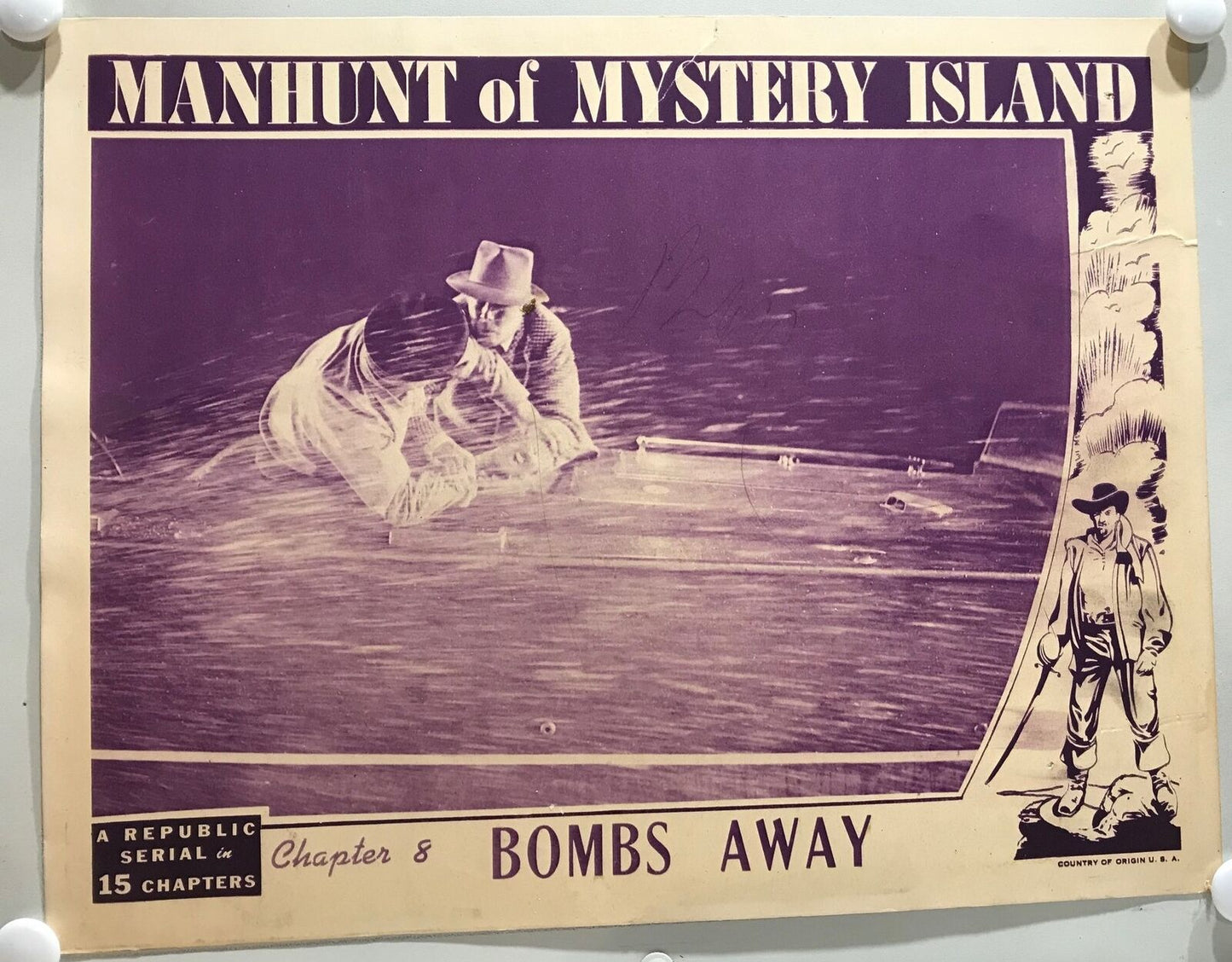 ORIGINAL SERIAL LOBBY CARD - MANHUNT OF MYSTERY ISLAND (a) - 1945 - Ch 8 "Bom...
