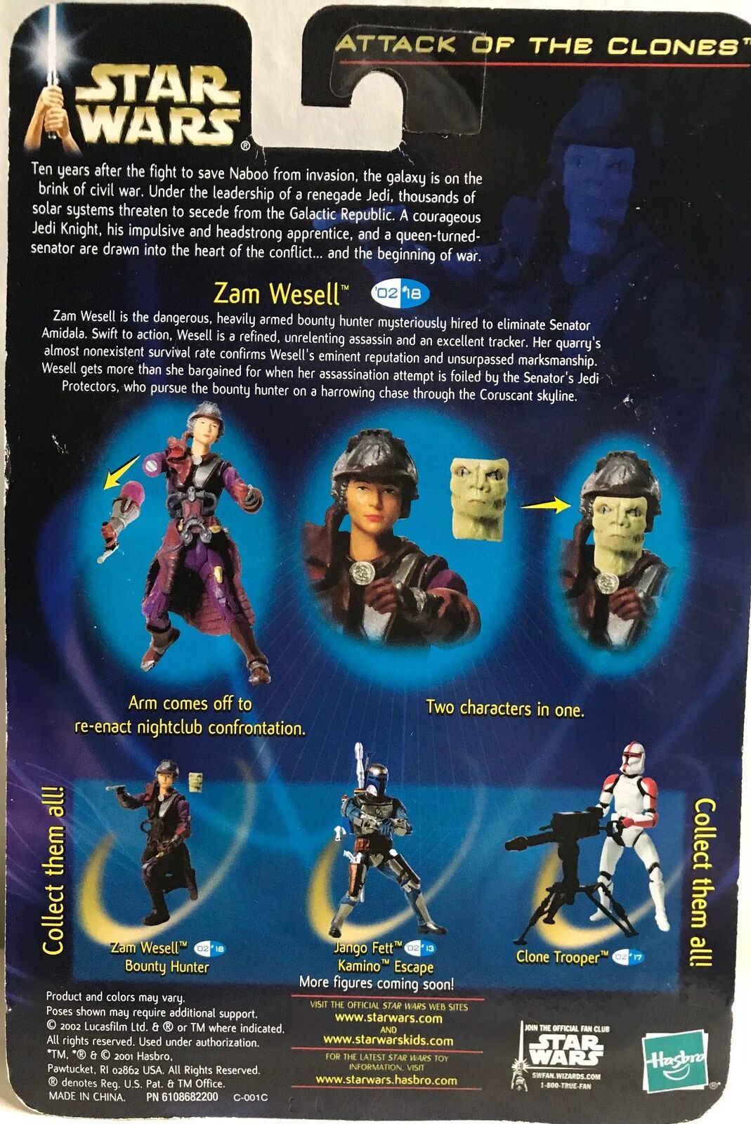 STAR WARS - HASBRO - AOTC - ZAM WESELL - "BOUNTY HUNTER" - with Blaster, 2 Characters