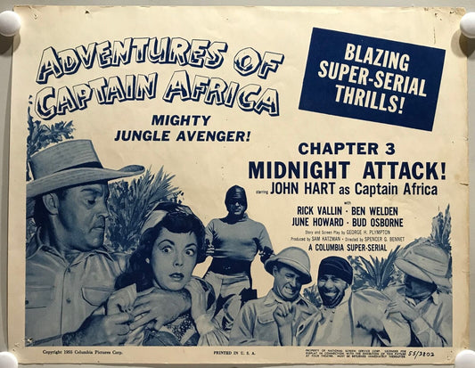 ORIGINAL SERIAL LOBBY CARD - ADVENTURES OF CAPTAIN AFRICA Mighty Jungle Avenger -1955 - Title Card Ch 3 "Midnight Attack" -  John Hart, Rick Vallin, Ben Welden, June Howard