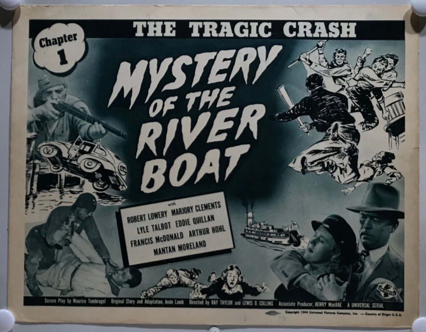 ORIGINAL SERIAL LOBBY CARD - MYSTERY OF THE RIVER BOAT - 1944 - Ch 1 "The Tra...