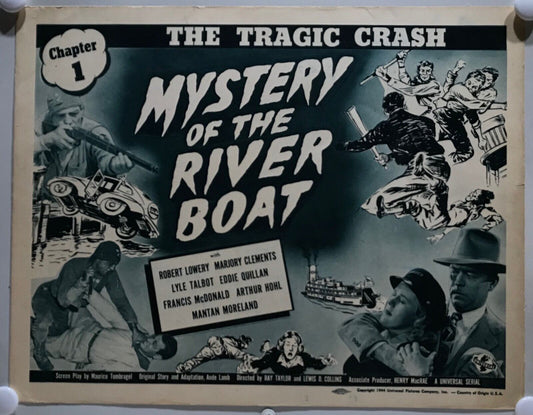 ORIGINAL SERIAL LOBBY CARD - MYSTERY OF THE RIVER BOAT - 1944 - Ch 1 "The Tra...