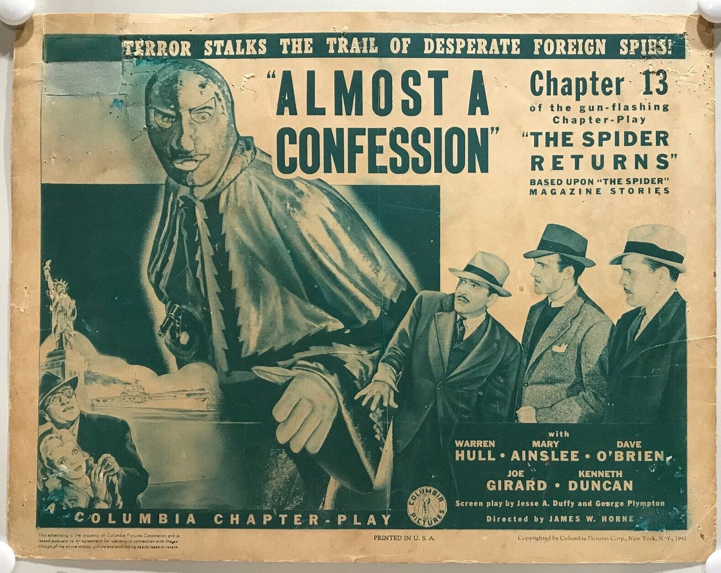 ORIGINAL SERIAL LOBBY CARD - THE SPIDER RETURNS (a) - 1941 - Ch 13 "Almost a ...