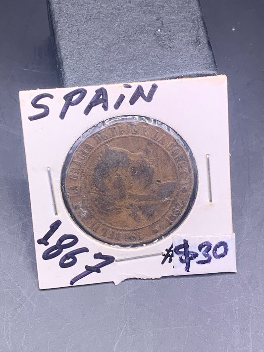 1867 5 CENTIMOS SPANISH COIN | ISABEL 2nd COPPER COIN