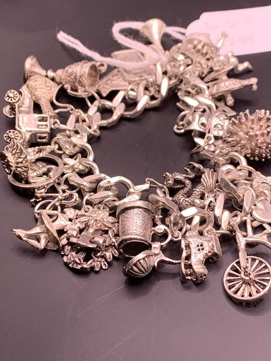 STERLING SILVER CHARM BRACELET - E&E CHAIN WITH 25 CHARMS