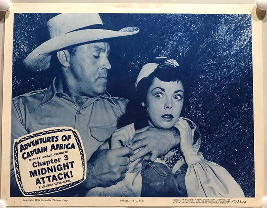 ORIGINAL SERIAL LOBBY CARD - ADVENTURES OF CAPTAIN AFRICA Mighty Jungle Avenger (a) -1955 - Ch 3 "Midnight Attack" -  John Hart, Rick Vallin, Ben Welden, June Howard