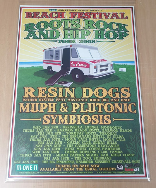 MUSIC PROMO POSTER - BEACH FESTIVAL - ROOTS ROCK AND HIP HOP TOUR 2008 - RESIN DOGS, MUPH & PLUTONIC SYMBIOSIS