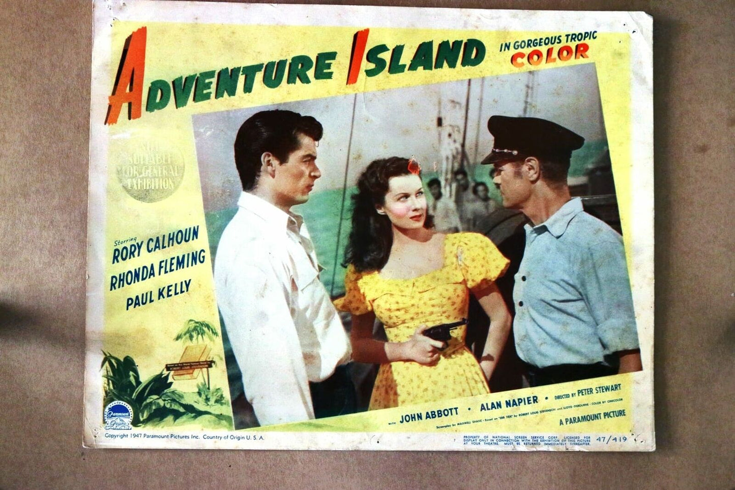 ORIGINAL LOBBY CARD - ADVENTURE ISLAND - 1947 - title card - Rory Calhoun Rhonda Fleming Paul Kelly