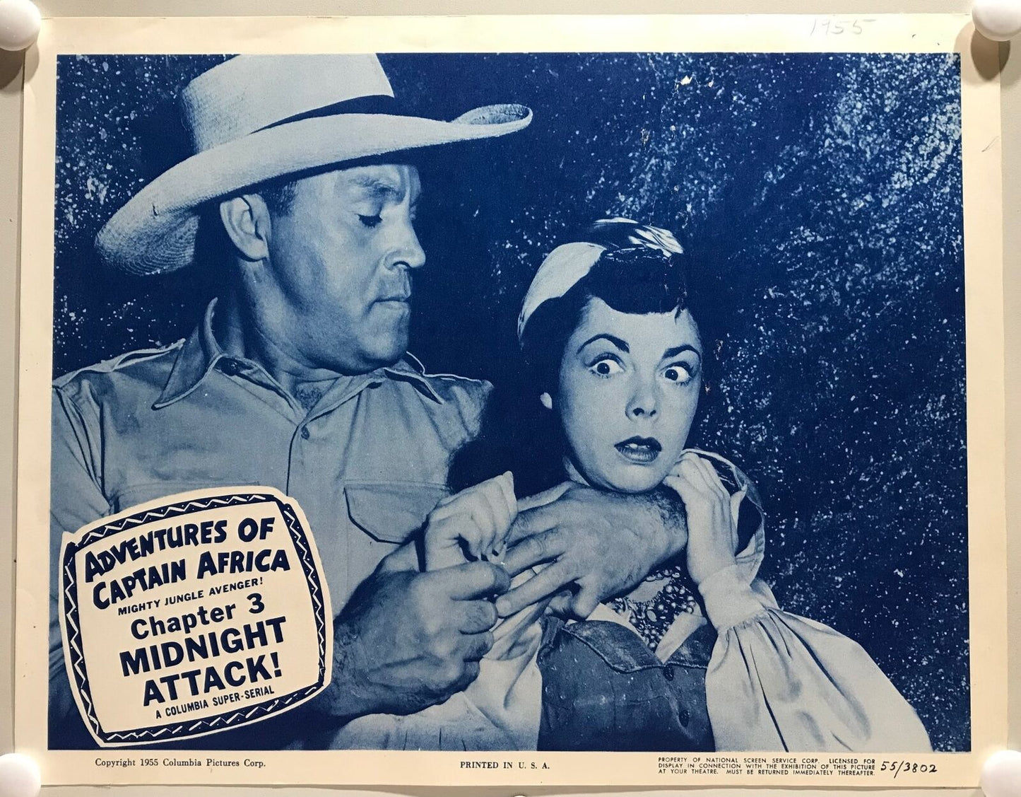 ORIGINAL SERIAL LOBBY CARD - ADVENTURES OF CAPTAIN AFRICA Mighty Jungle Avenger (b) -1955 - Ch 3 "Midnight Attack" -  John Hart, Rick Vallin, Ben Welden, June Howard