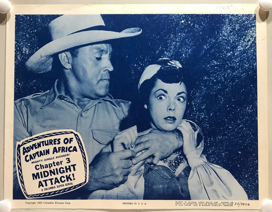 ORIGINAL SERIAL LOBBY CARD - ADVENTURES OF CAPTAIN AFRICA Mighty Jungle Avenger (b) -1955 - Ch 3 "Midnight Attack" -  John Hart, Rick Vallin, Ben Welden, June Howard