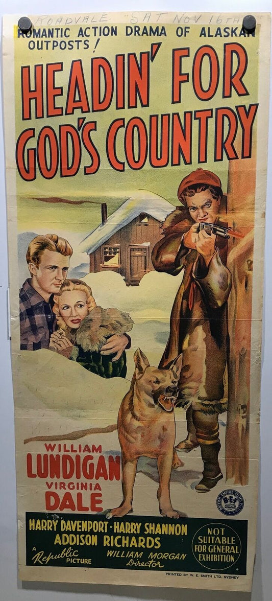 ORIGINAL DAYBILL MOVIE POSTER - HEADIN' FOR GOD'S COUNTRY