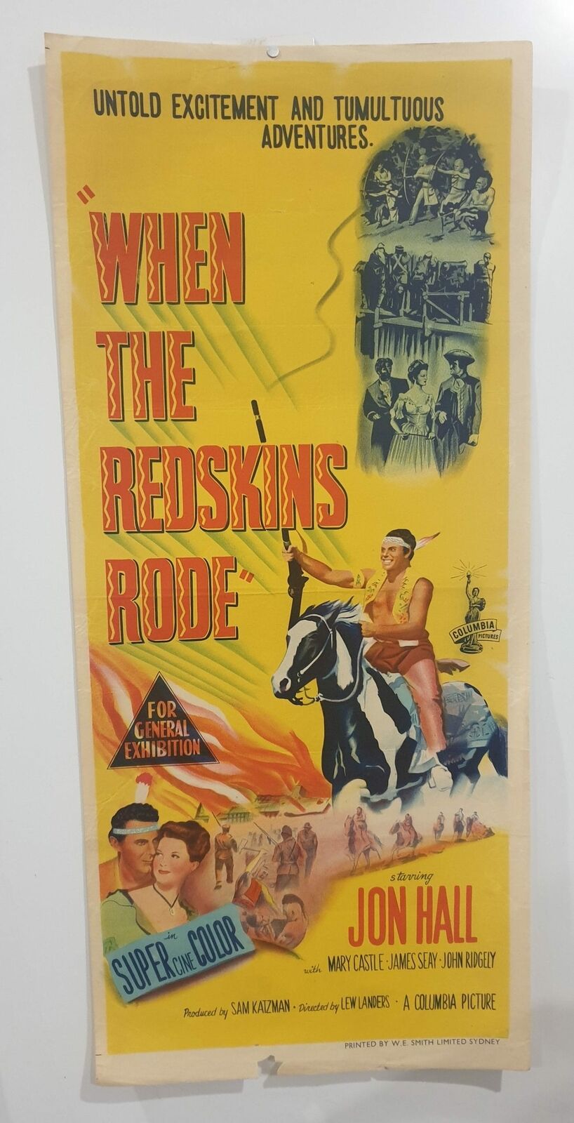 ORIGINAL DAYBILL MOVIE POSTER - WHEN THE REDSKINS RODE - 1951