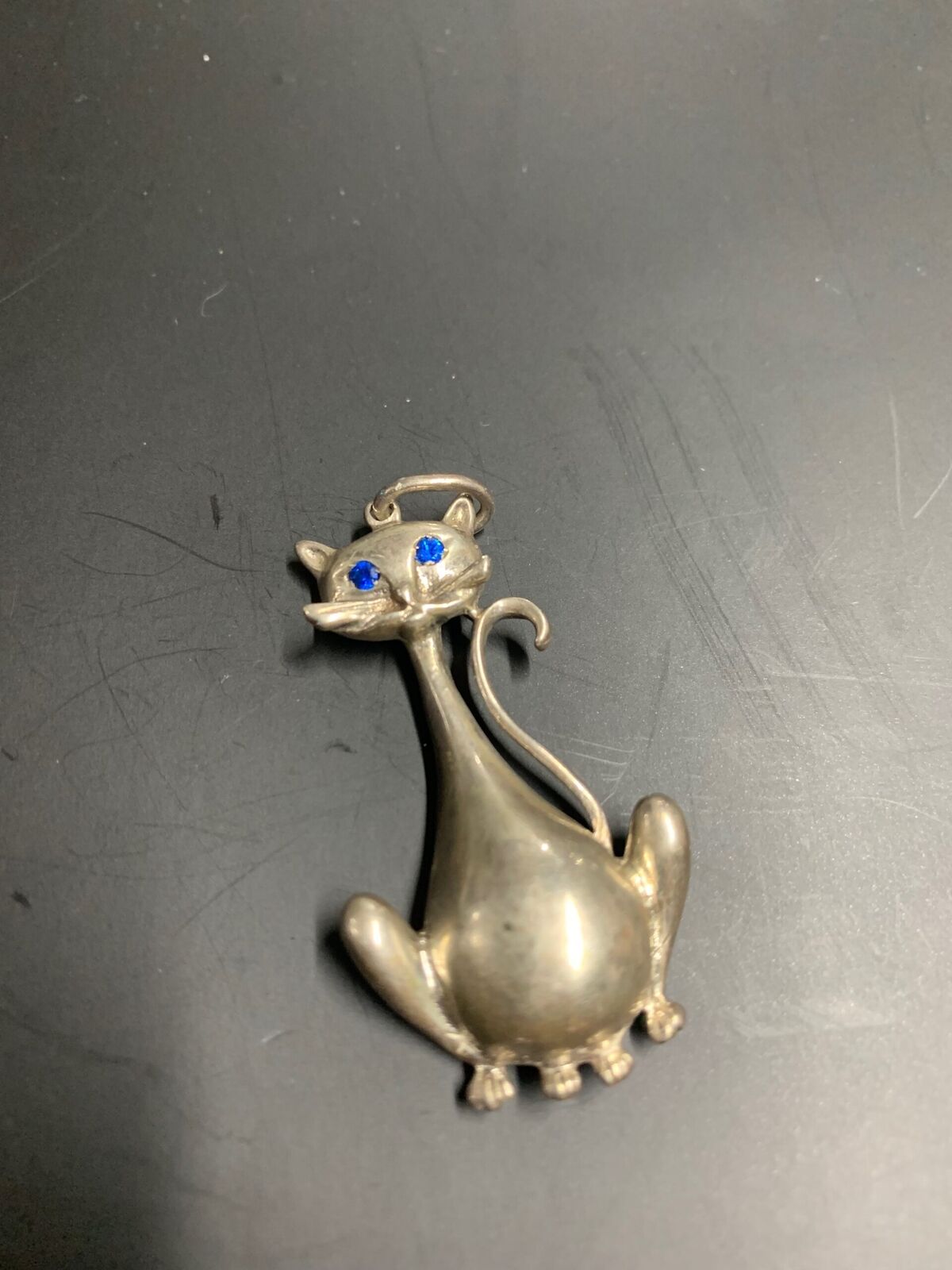 SILVER PENDANT - CAT PENDANT WITH TWO BLUE UNIDENTIFIED STONES