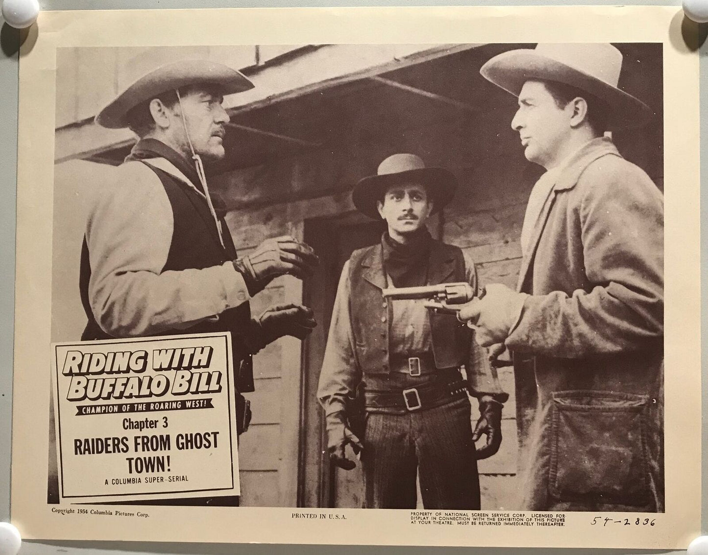 ORIGINAL SERIAL LOBBY CARD - RIDING WITH BUFFALO BILL (c) - 1954 - Ch 3 "Raid...