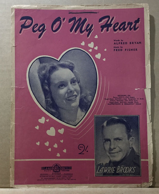 MUSIC SHEET - PEG O' MY HEART - Words by: ALFRED BRYAN, Music by: FRED FISHER