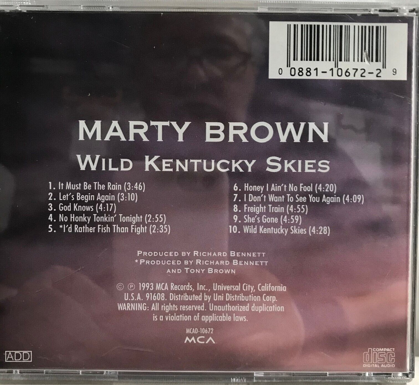 MUSIC CD IN CASE (COVER SIGNED) - MARTY BROWN - WILD KENTUCKY SKIES