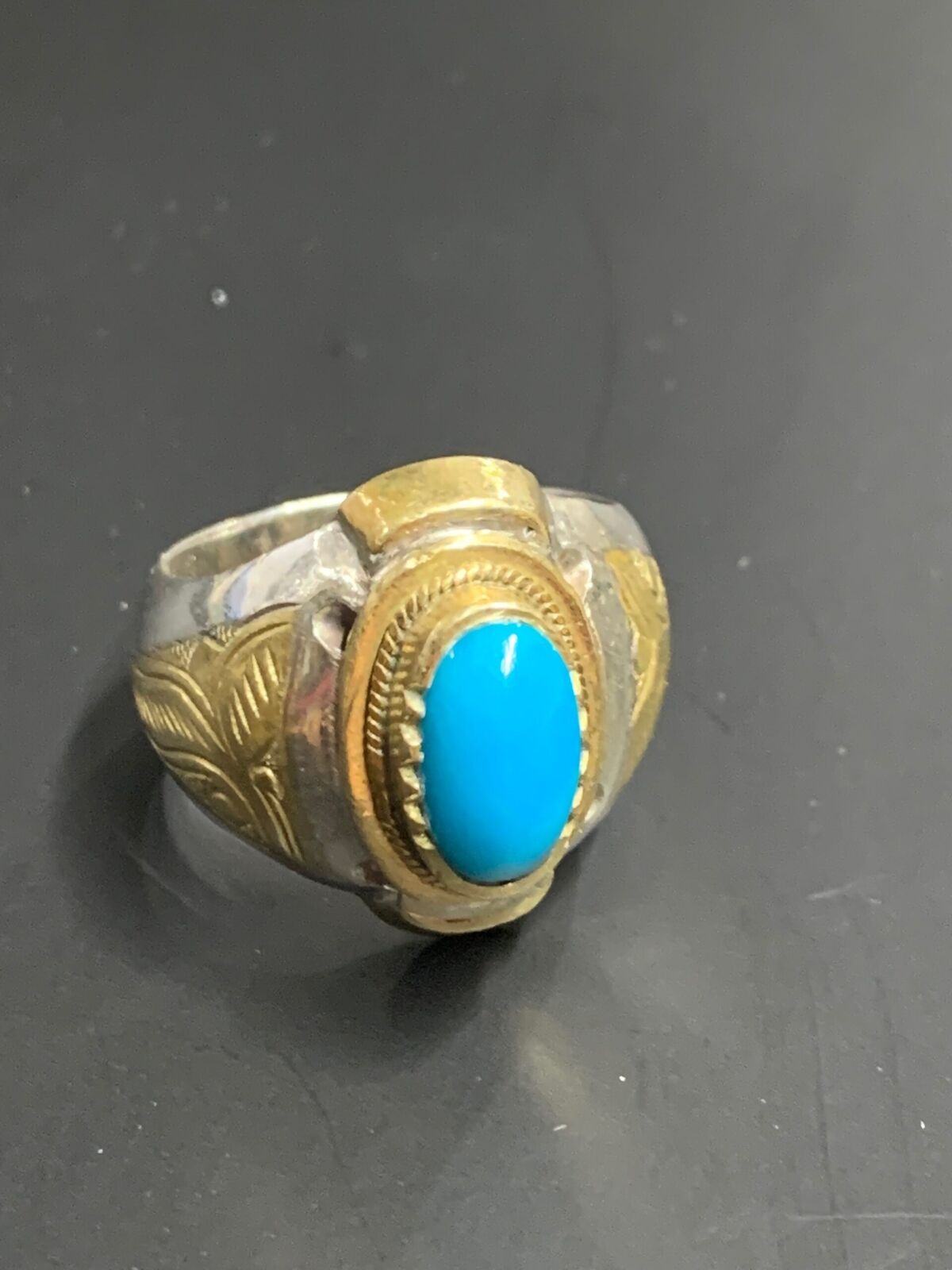 MENS RING - GOLD PLATED SILVER WITH TURQUOISE GEM