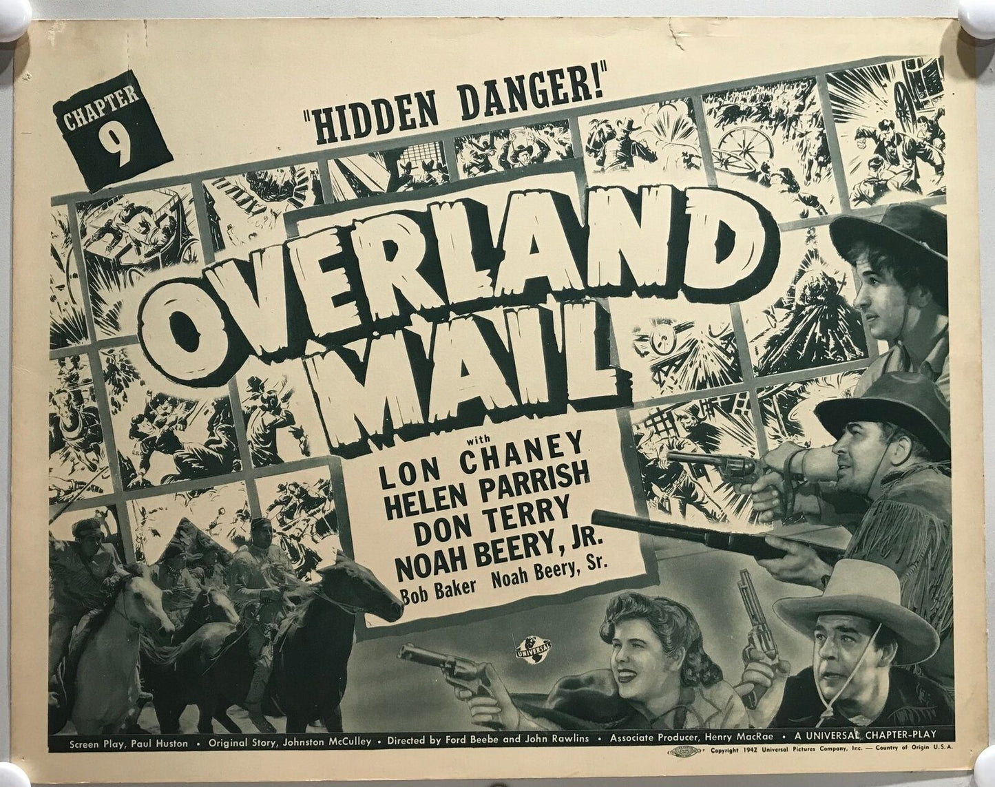 ORIGINAL SERIAL LOBBY CARD - OVERLAND MAIL - 1942 - Title Card Ch 9 "Hidden D...