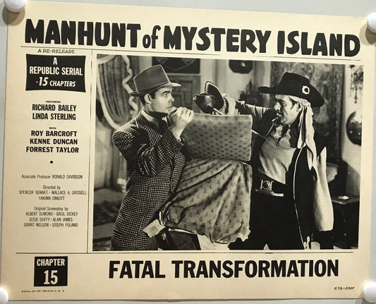 ORIGINAL SERIAL LOBBY CARD - MANHUNT OF MYSTERY ISLAND - R1956 - Ch 15 "Fatal...